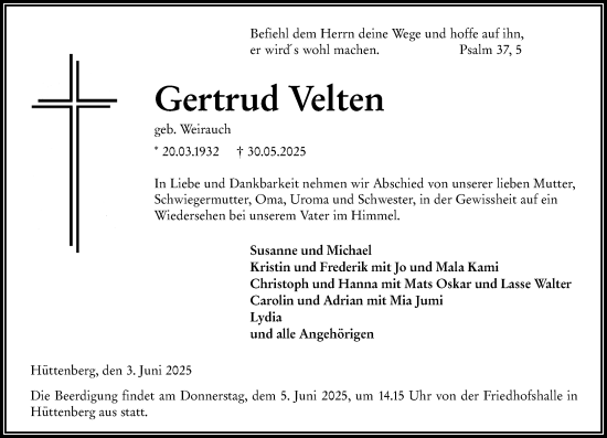Traueranzeige von Gertrud Velten von Wetzlarer Neue Zeitung