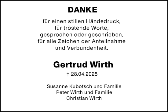 Traueranzeige von Gertrud Wirth von Weilburger Tageblatt