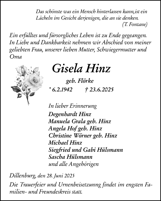 Traueranzeige von Gisela Hinz von Dill Block