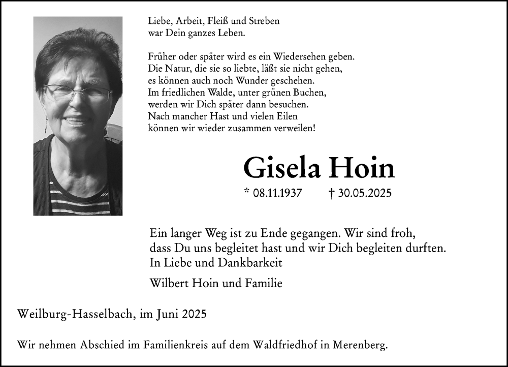  Traueranzeige für Gisela Hoin vom 07.06.2025 aus Weilburger Tageblatt