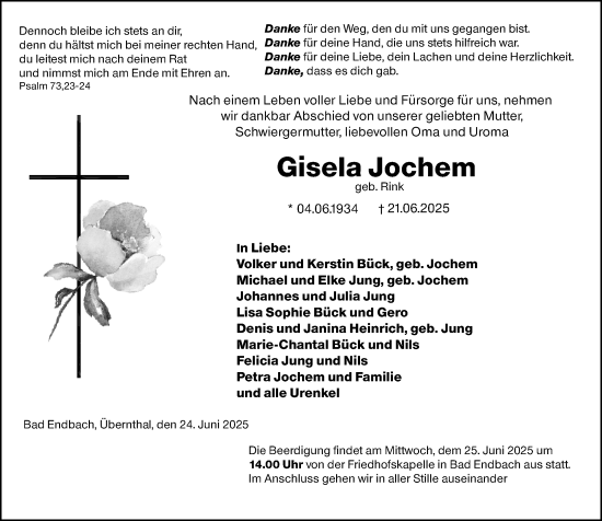 Traueranzeige von Gisela Jochem von Hinterländer Anzeiger