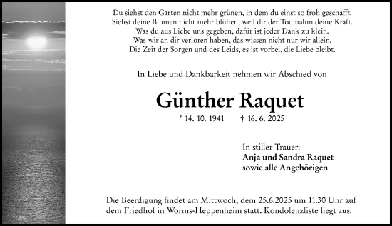 Traueranzeige von Günther Raquet von Wormser Zeitung