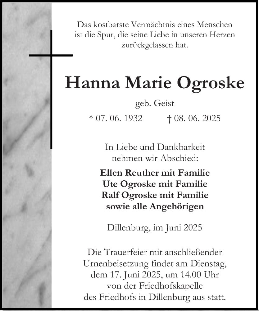  Traueranzeige für Hanna Marie Ogroske vom 14.06.2025 aus Dill Block
