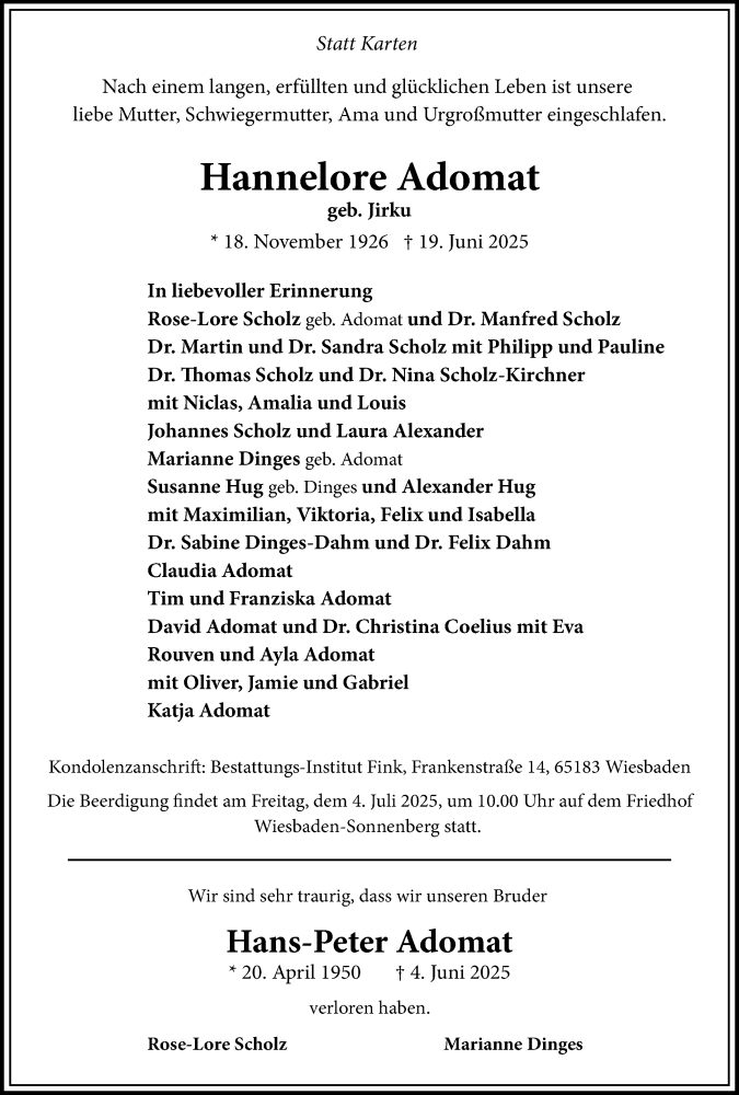  Traueranzeige für Hannelore Adomat vom 28.06.2025 aus Wiesbadener Kurier