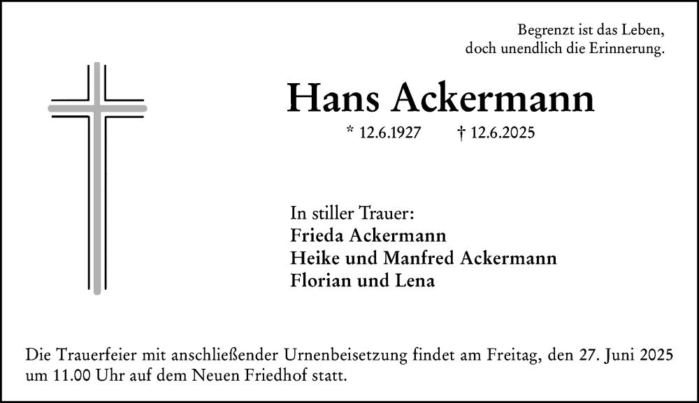  Traueranzeige für Hans Ackermann vom 26.06.2025 aus Allgemeine Zeitung Mainz