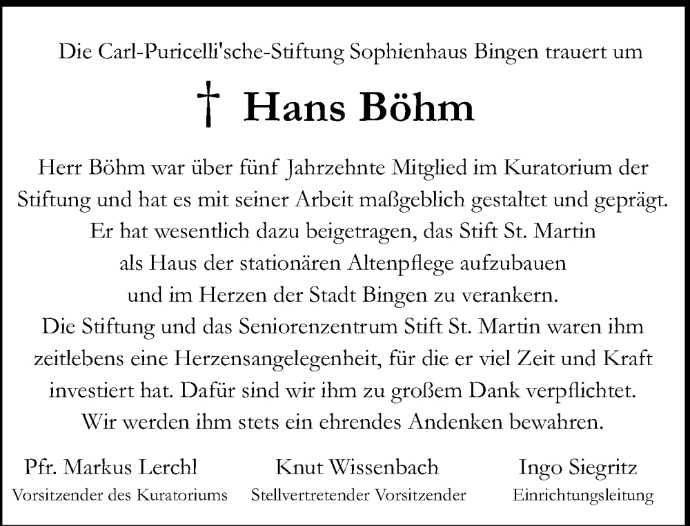  Traueranzeige für Hans Böhm vom 07.06.2025 aus Allgemeine Zeitung Rheinhessen-Nahe