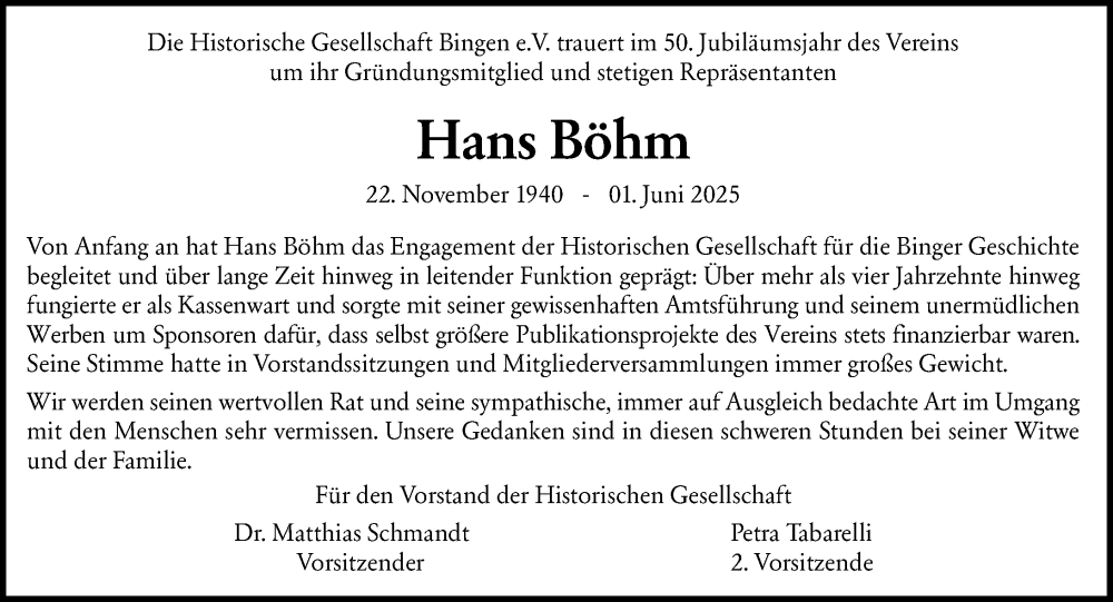  Traueranzeige für Hans Böhm vom 11.06.2025 aus Allgemeine Zeitung Rheinhessen-Nahe