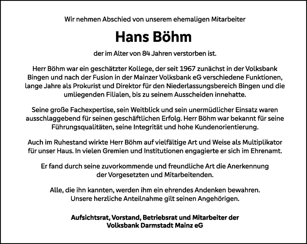  Traueranzeige für Hans Böhm vom 07.06.2025 aus Allgemeine Zeitung Rheinhessen-Nahe