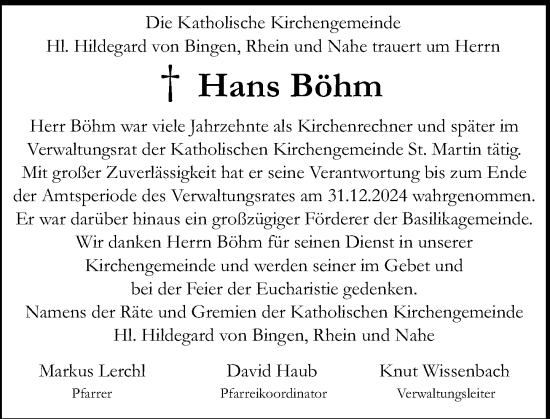 Traueranzeige von Hans Böhm von Allgemeine Zeitung Rheinhessen-Nahe