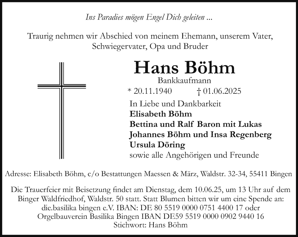  Traueranzeige für Hans Böhm vom 07.06.2025 aus Allgemeine Zeitung Rheinhessen-Nahe