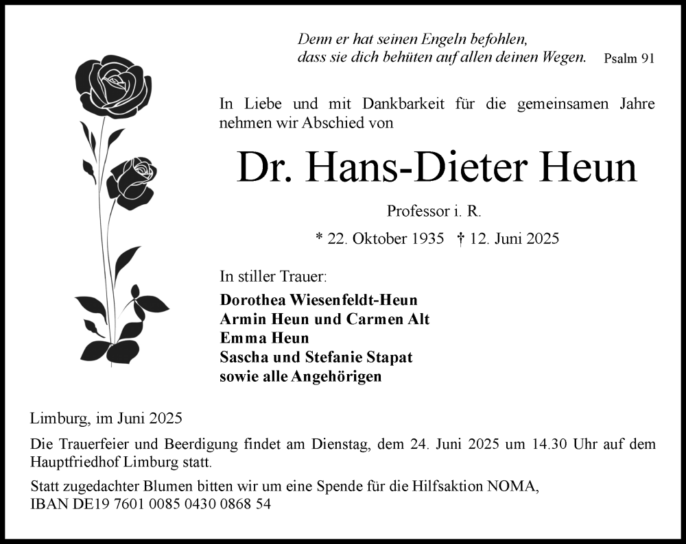  Traueranzeige für Hans-Dieter Heun vom 14.06.2025 aus Nassauische Neue Presse