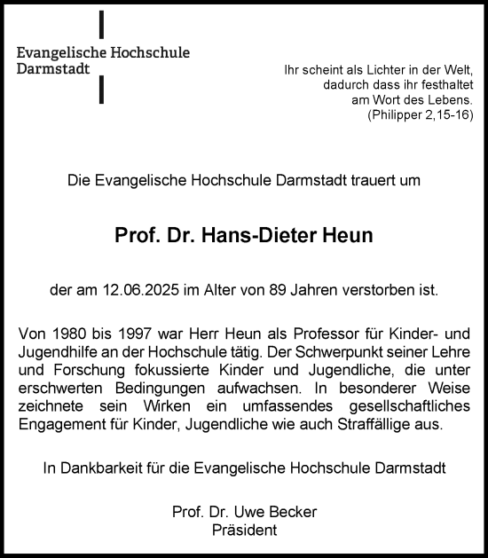 Traueranzeige von Hans-Dieter Heun von Darmstädter Echo