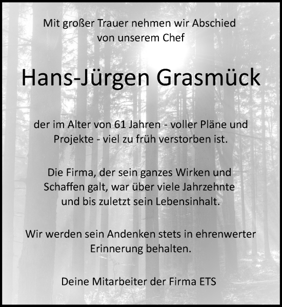 Traueranzeige von Hans-Jürgen Grasmück von Odenwälder Echo