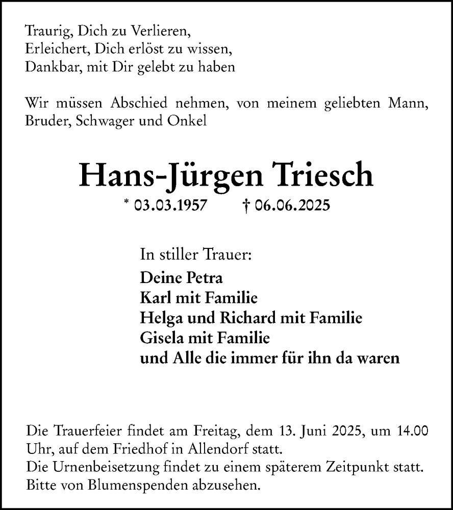  Traueranzeige für Hans-Jürgen Triesch vom 11.06.2025 aus Dill Block