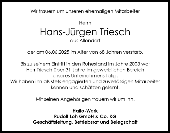 Traueranzeige von Hans-Jürgen Triesch von Dill Block
