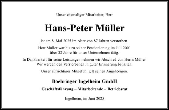 Traueranzeige von Hans-Peter Müller von Allgemeine Zeitung Rheinhessen-Nahe