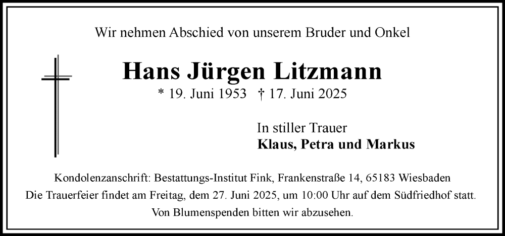  Traueranzeige für Hans Jürgen Litzmann vom 21.06.2025 aus Wiesbadener Kurier