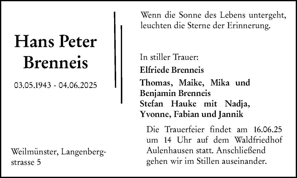  Traueranzeige für Hans Peter Brenneis vom 12.06.2025 aus Weilburger Tageblatt