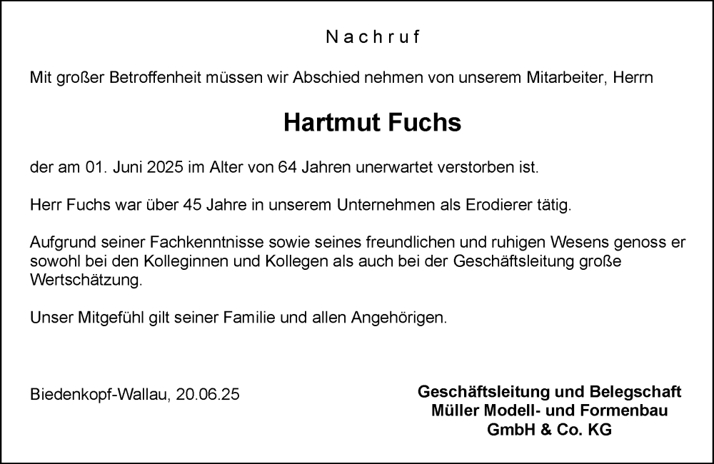  Traueranzeige für Hartmut Fuchs vom 20.06.2025 aus Hinterländer Anzeiger