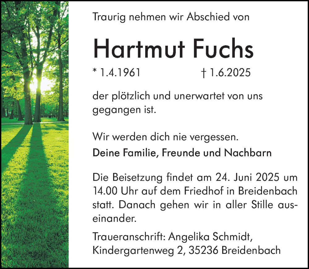  Traueranzeige für Hartmut Fuchs vom 18.06.2025 aus Hinterländer Anzeiger