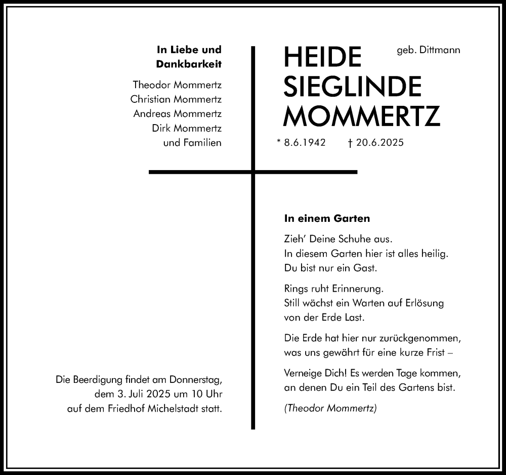  Traueranzeige für Heide Sieglinde Mommertz vom 28.06.2025 aus Odenwälder Echo