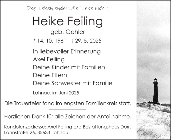 Traueranzeige von Heike Feiling von Wetzlarer Neue Zeitung