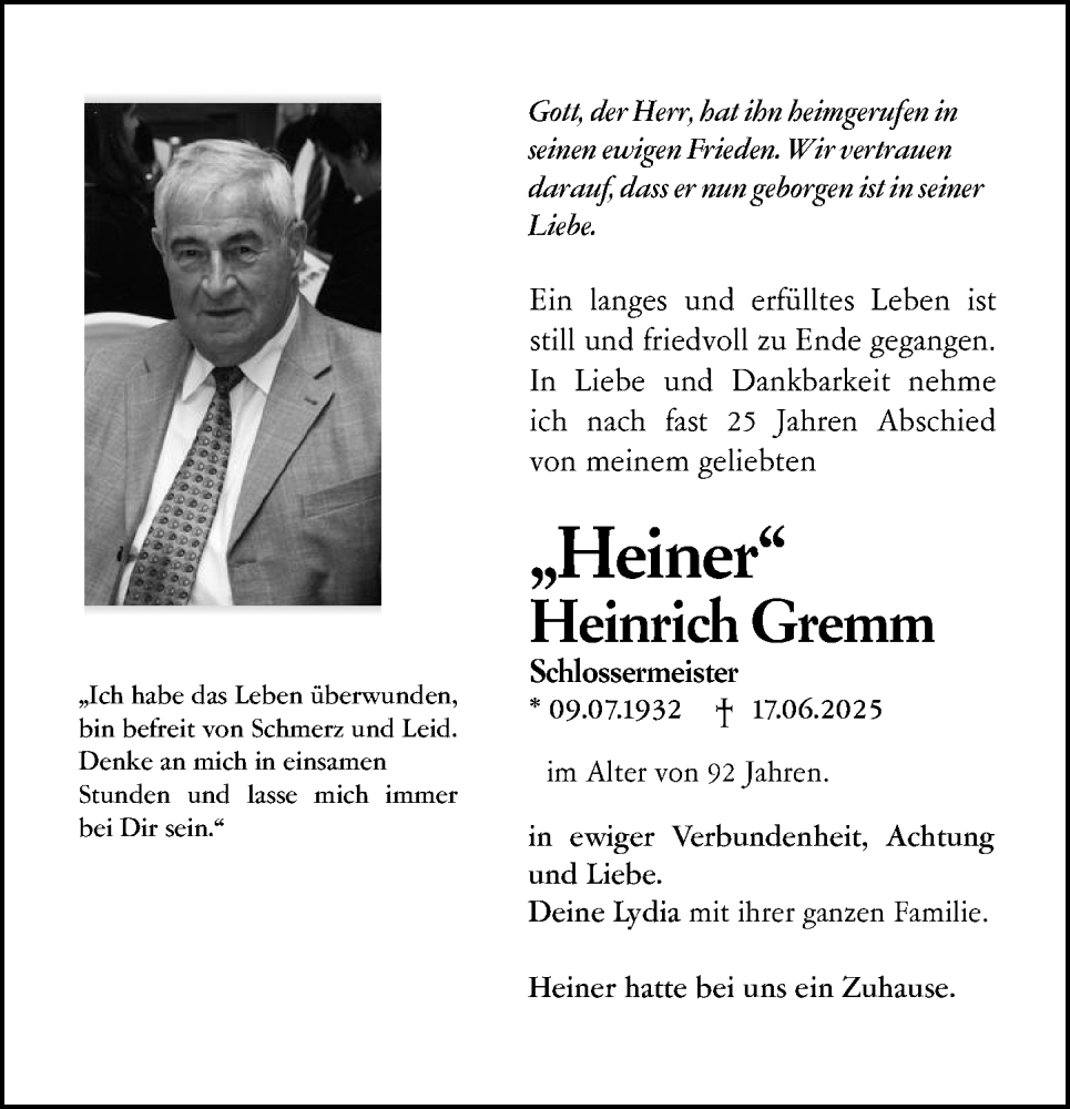  Traueranzeige für Heinrich Gremm vom 21.06.2025 aus Groß-Gerauer Echo