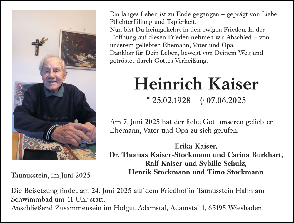  Traueranzeige für Heinrich Kaiser vom 14.06.2025 aus Wiesbadener Kurier