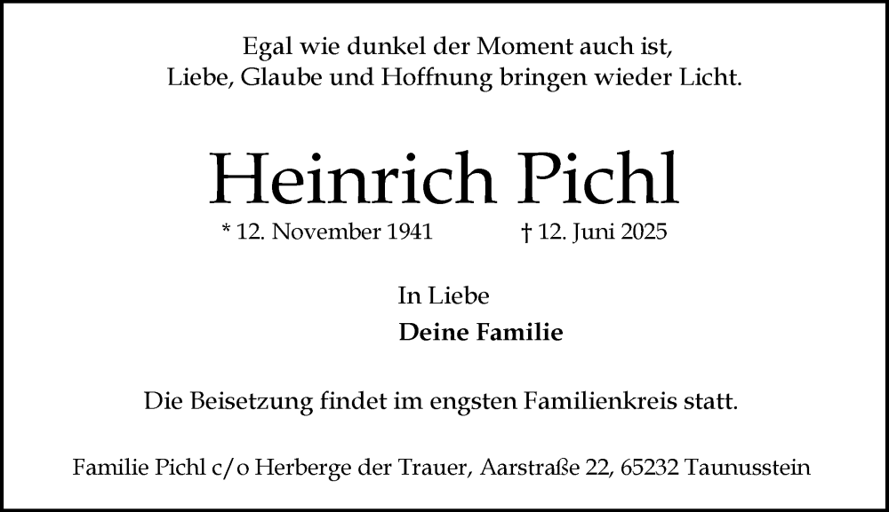  Traueranzeige für Heinrich Pichl vom 28.06.2025 aus Wiesbadener Kurier