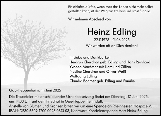 Traueranzeige von Heinz Edling von Allgemeine Zeitung Alzey