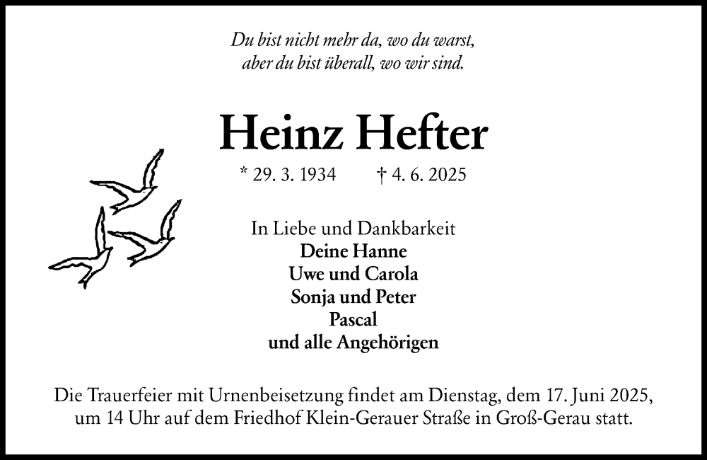  Traueranzeige für Heinz Hefter vom 14.06.2025 aus Groß-Gerauer Echo