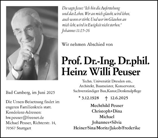 Traueranzeige von Heinz Willi Peuser von Nassauische Neue Presse