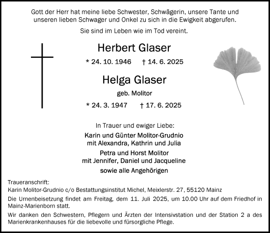 Traueranzeige von Helga Glaser von Allgemeine Zeitung Mainz