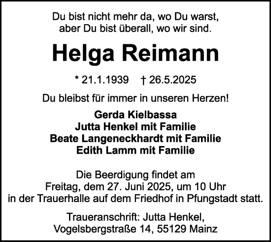Traueranzeige von Helga Reimann von Darmstädter Echo
