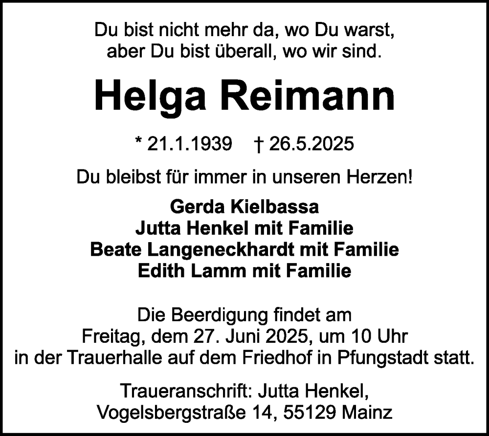  Traueranzeige für Helga Reimann vom 14.06.2025 aus Darmstädter Echo