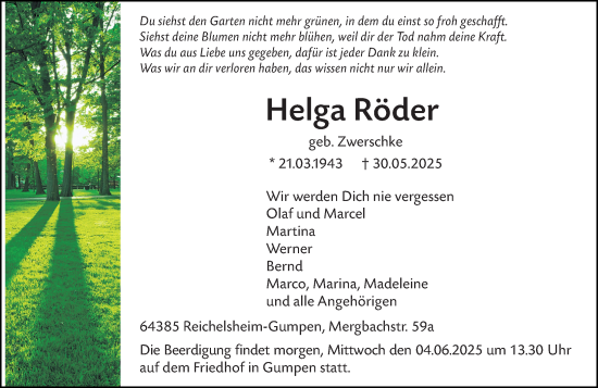 Traueranzeige von Helga Röder von Odenwälder Echo