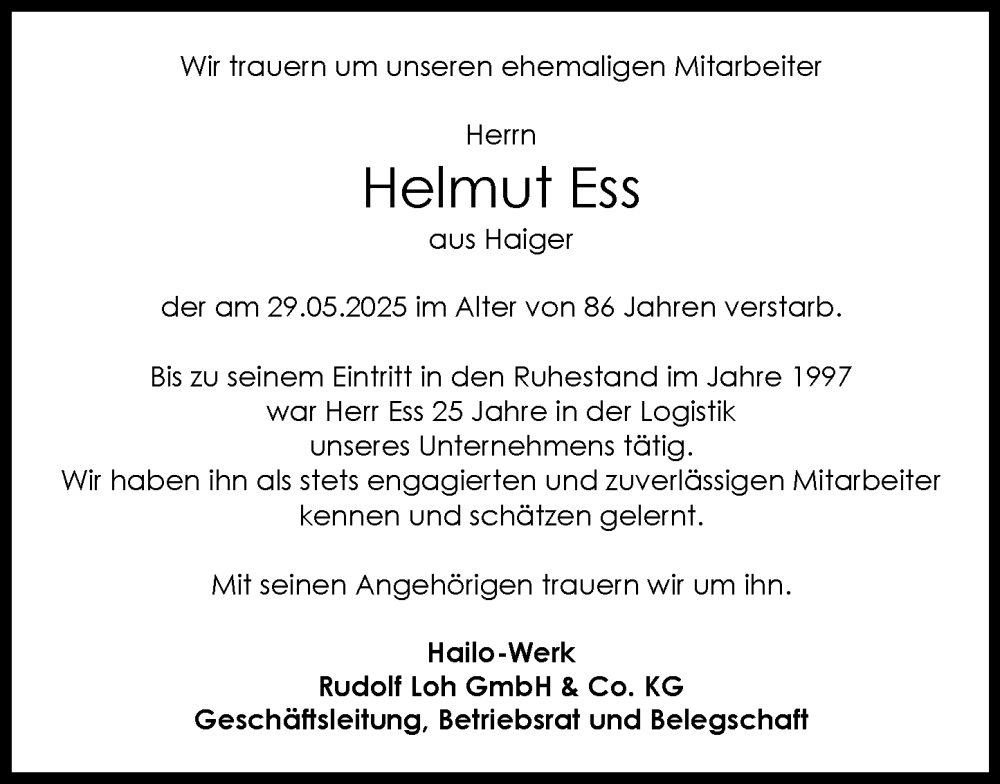  Traueranzeige für Helmut Ess vom 17.06.2025 aus Dill Block