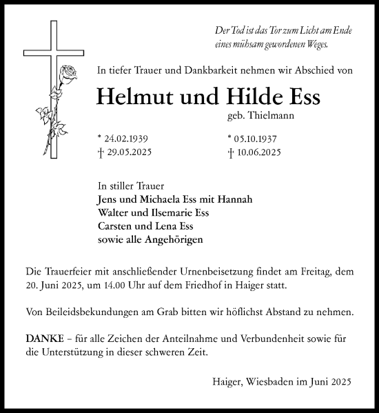 Traueranzeige von Helmut Ess von Dill Block