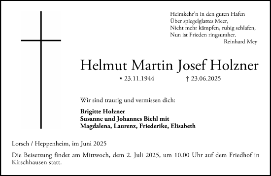 Traueranzeige von Helmut Martin Josef Holzner von Starkenburger Echo