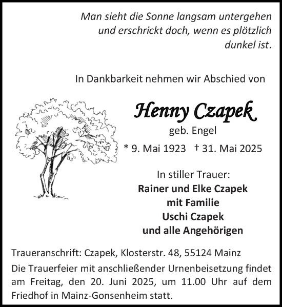 Traueranzeige von Henny Czapek von Allgemeine Zeitung Mainz