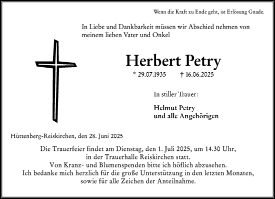Traueranzeige von Herbert Petry von Wetzlarer Neue Zeitung