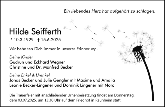 Traueranzeige von Hilde Seifferth von Rüsselsheimer Echo