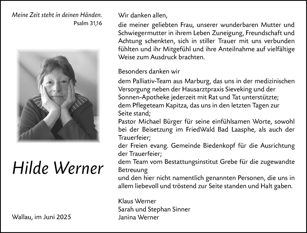  Traueranzeige für Hilde Werner vom 21.06.2025 aus Hinterländer Anzeiger