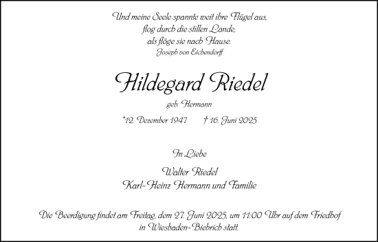 Traueranzeige von Hildegard Riedel von Wiesbadener Kurier