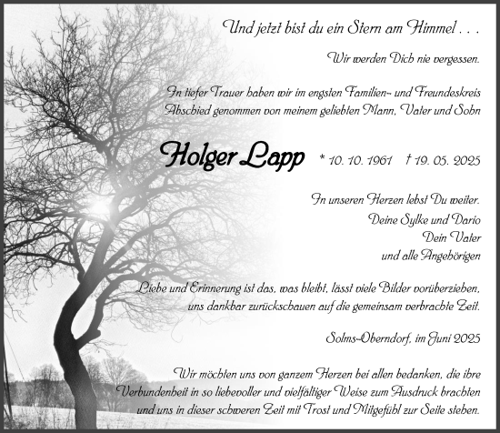 Traueranzeige von Holger Lapp von Wetzlarer Neue Zeitung