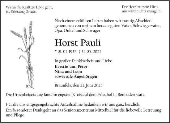 Traueranzeige von Horst Pauli von Wetzlarer Neue Zeitung