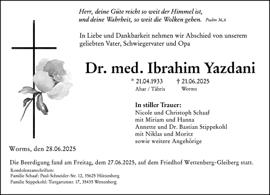 Traueranzeige von Ibrahim Yazdani von Wormser Zeitung