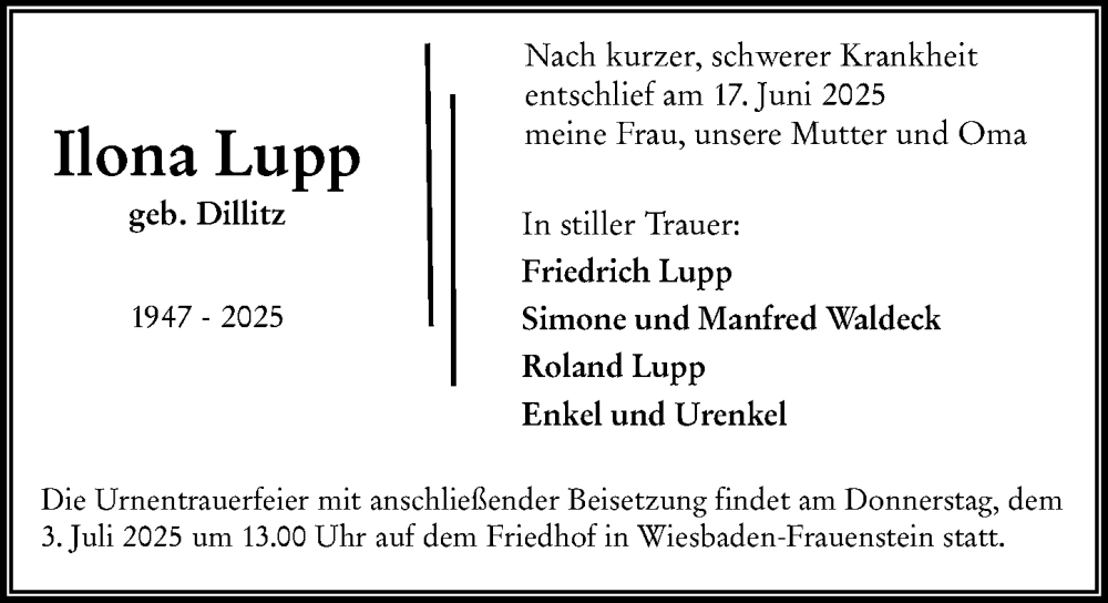  Traueranzeige für Ilona Lupp vom 28.06.2025 aus Wiesbadener Kurier