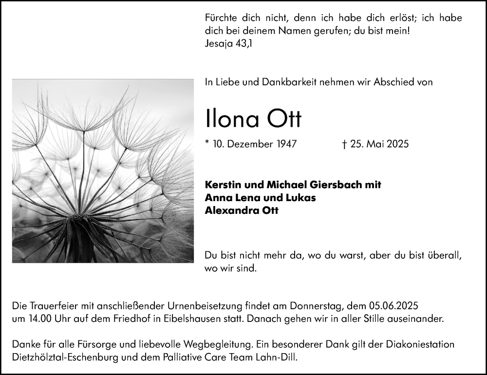  Traueranzeige für Ilona Ott vom 03.06.2025 aus Dill Block