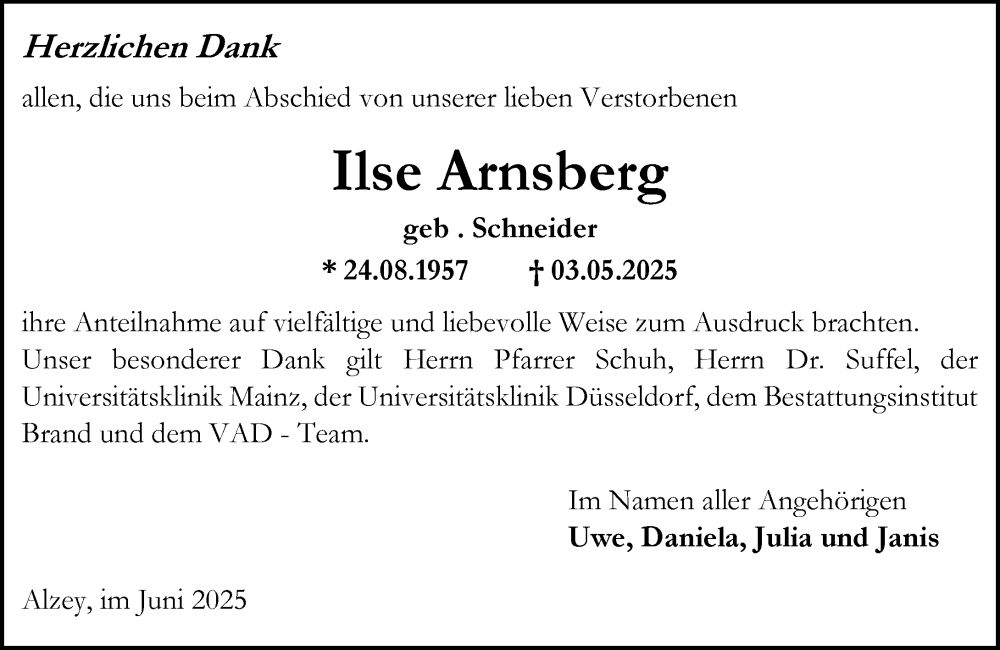  Traueranzeige für Ilse Arnsberg vom 07.06.2025 aus Allgemeine Zeitung Alzey